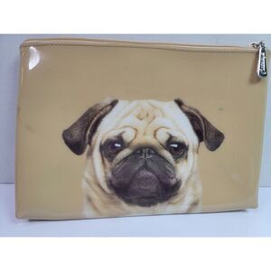 Catseye London Pug Dog Makeup Bag Beige Glossy Zipper Pouch Cosmetic Case